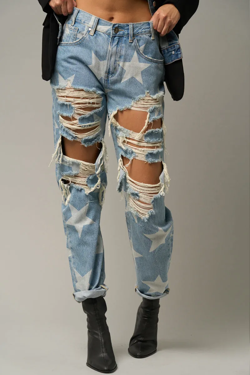 Star Print Design Ripped Slouch Jeans Light Denim