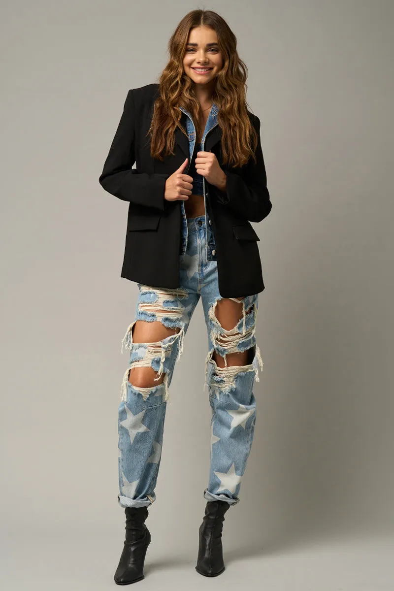 Star Print Design Ripped Slouch Jeans Light Denim