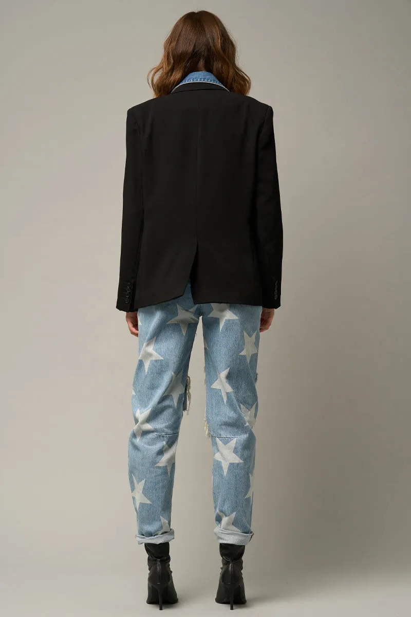 Star Print Design Ripped Slouch Jeans Light Denim