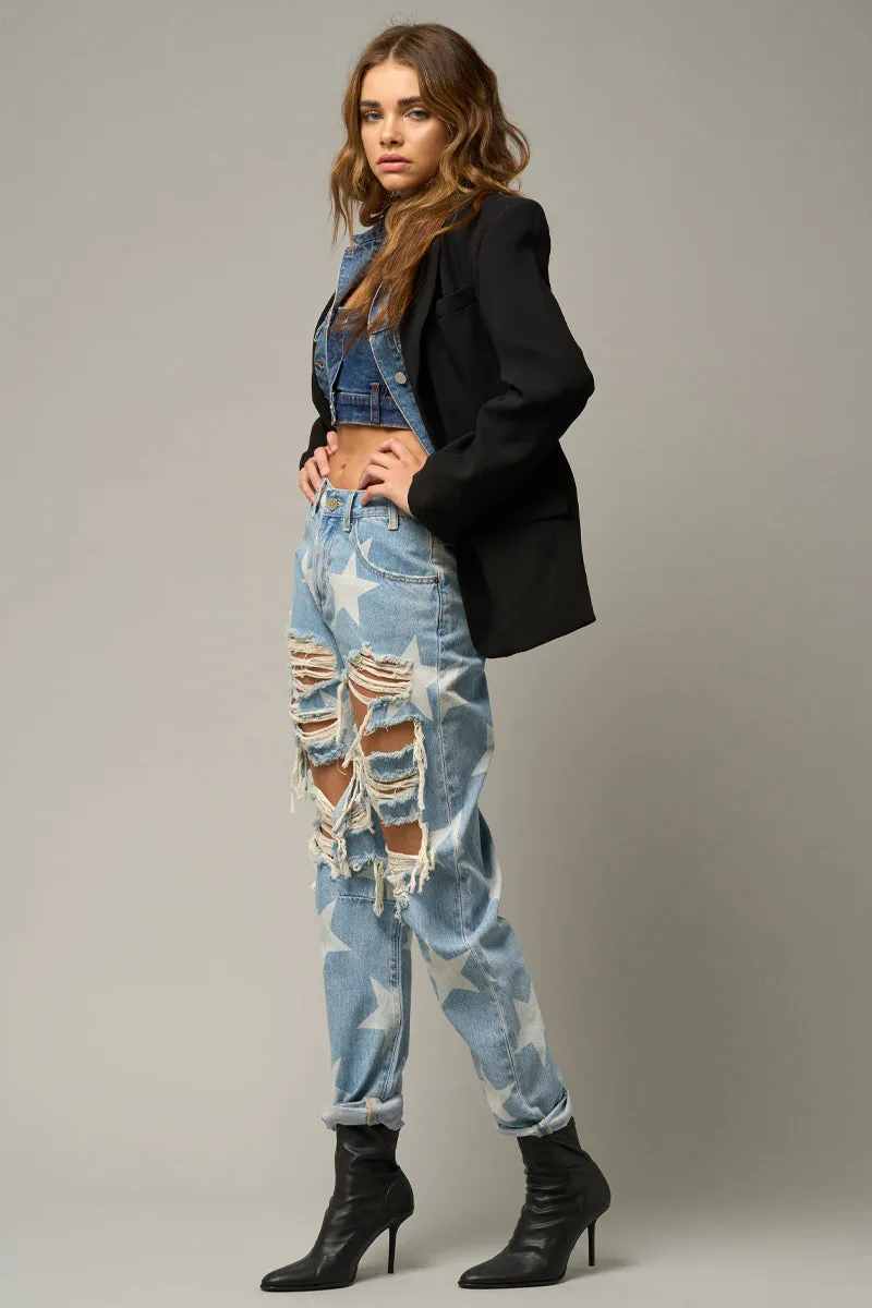 Star Print Design Ripped Slouch Jeans Light Denim