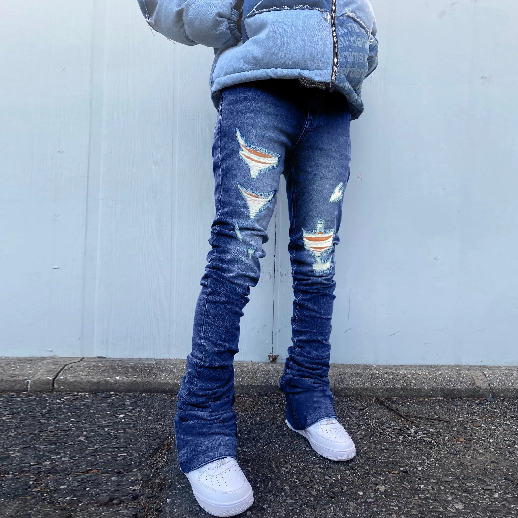 Street flared trousers ripped washed trousers jeans